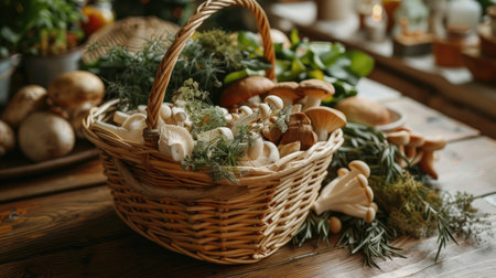 Aesthetic composition featuring a woven basket filled with seasonal delights such as porcini mushrooms, sesame mushrooms, and an array of herbs and spices, arranged on a wooden tableの素材