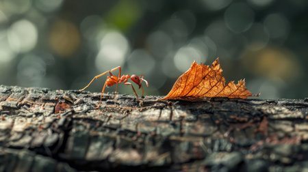 Macro shot of an ant hauling a hefty leaf across a gnarled log, symbolizing the tenacity and resourcefulness of small creaturesの素材