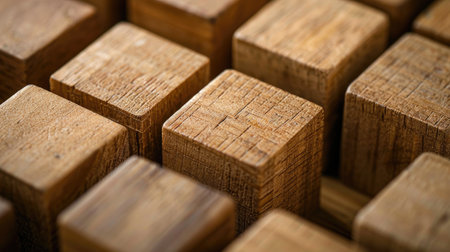 Close-up of wooden blocks grouped in clusters of 3-5, providing ample room within each block for embedding personalized text or logos.の素材