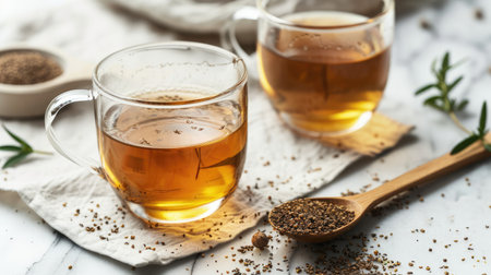 Herbal cumin tea served in elegant glassware, with a wooden spoon filled with aromatic cumin seeds adding a touch of rustic charm.の素材