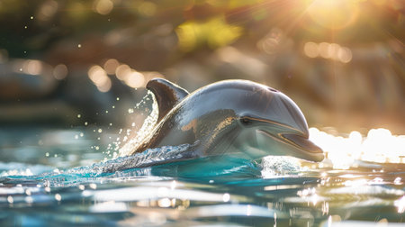 Serene dolphin basking in the sunlight, its dorsal fin breaking the surface in a tranquil moment of oceanic blissの素材