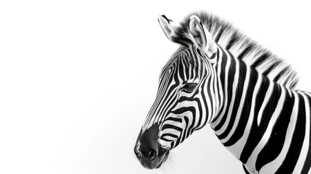 Beautiful zebra isolated on a clean white backdrop, its bold stripes creating a captivating contrast against the serene backgroundの素材