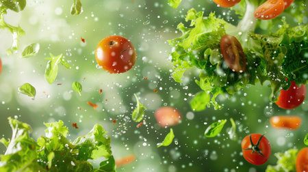Colorful salad veggies suspended mid-air against a lush green background, celebrating the abundance of nature's bountyの素材