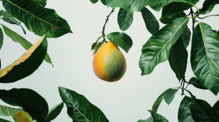 Mango seemingly suspended in space surrounded by fresh green leaves, presenting a delightful tropical tableau against a white backgroundの素材