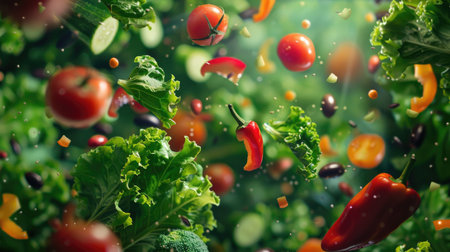 Colorful salad veggies suspended mid-air against a lush green background, celebrating the abundance of nature's bountyの素材