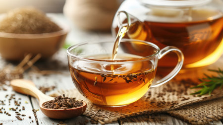 Close-up of a glass teapot pouring herbal cumin tea into a cup, with a wooden spoon holding dried cumin seeds nearby.の素材
