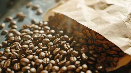 Aromatic roasted coffee beans fill the space around a brown paper bag, symbolizing the essence of a freshly brewed cup of coffeeの素材