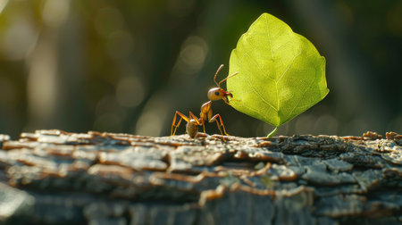 An ant navigates a challenging journey, transporting an oversized leaf across a rugged log, showcasing nature's resilienceの素材