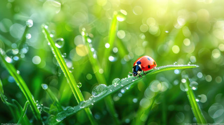 Glistening dewdrops on vibrant green grass, with a solitary ladybug meandering through the succulent leaves -の素材
