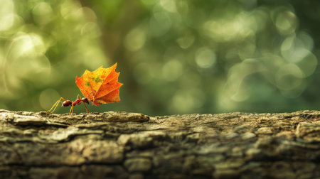 An ant laboriously carries a massive leaf across a rugged log, showcasing strength and determination in the miniature worldの素材