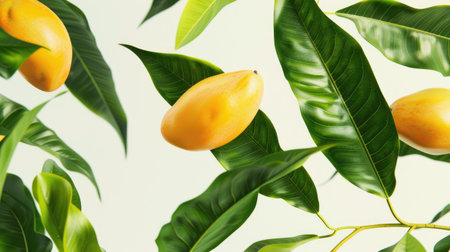 Mango defying gravity as it floats alongside lush green leaves against a white background, exuding a sense of tropical enchantmentの素材