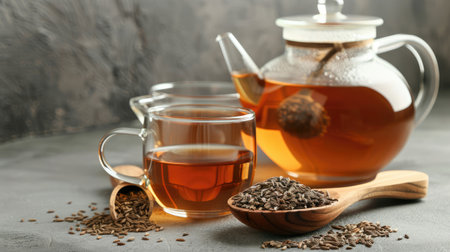 Stylish presentation of herbal cumin tea in a modern glass cup and teapot, enhanced by the presence of dried cumin seeds in a wooden spoon.の素材