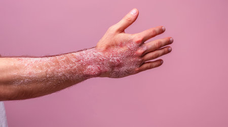 A hand scratching an arm with eczema, highlighting the red, inflamed areas and the relentless itching that accompanies the conditionの素材