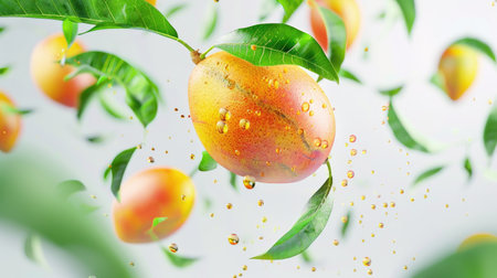 Juicy mango suspended in mid-air with vibrant green leaves, casting a serene and refreshing image against a white backdropの素材