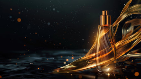 Luxurious cosmetic ad featuring a golden translucent bottle with dynamic satin accents, captivating against a dark backgroundの素材