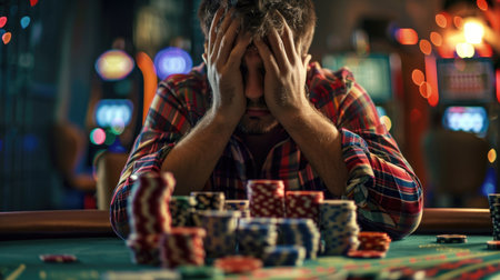 Desperate stakes: A gambler looking distressed with a backdrop of casino items, illustrating the emotional toll of gambling addictionの素材