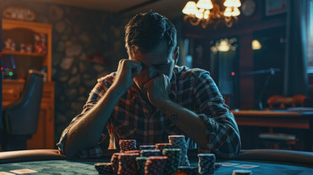 Broken dreams: A sorrowful gambler in a dimly lit room, poker chips and cards around, highlighting the impact of gambling addictionの素材