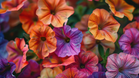 Captivating close-up of Petunia Wave Sweetheart blooms, their colorful petals radiating with energy and vitalityの素材