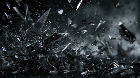 A dark, moody scene with glass fragments in mid-air, portraying the violent rupture of a surfaceの素材