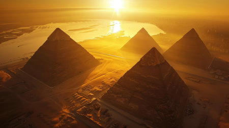 Aerial view of the Giza pyramids bathed in golden sunlight during the annual flooding of the Nile Riverの素材