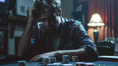 Broken dreams: A sorrowful gambler in a dimly lit room, poker chips and cards around, highlighting the impact of gambling addictionの素材