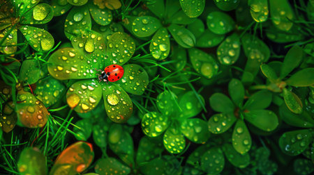 Glistening dewdrops on vibrant green grass, with a solitary ladybug meandering through the succulent leaves -の素材