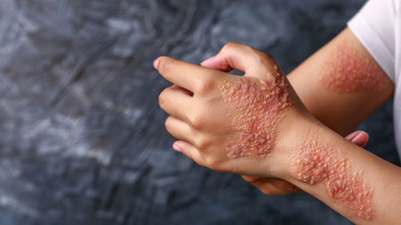 A hand scratching an arm with eczema, highlighting the red, inflamed areas and the relentless itching that accompanies the conditionの素材