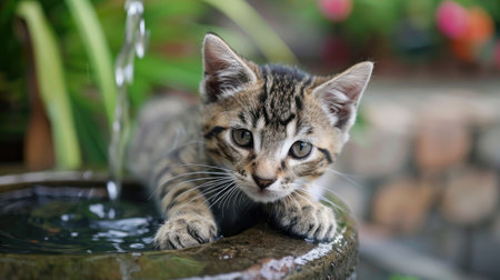 Adorable kitten enjoying fresh water from a decorative cat fountain, paws resting on the edgeの素材