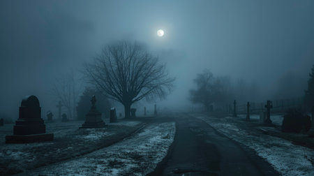 A misty, desolate cemetery path under a dark, foggy night sky, creating a haunting atmosphere in the moonlit landscape.の素材