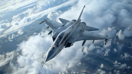Aerial prowess: Modern jetfighter at top speed, flying above the cloudscape, representing cutting-edge military aviationの素材