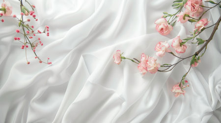 Elegant simplicity: White satin sheet background with delicate pink flowers and a white blank wedding invitation mockup, in a minimal photography styleの素材