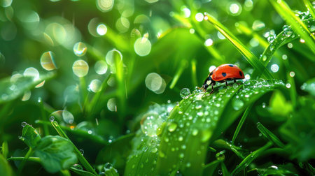 Morning dew sparkling on bright green grass, with a lone ladybug crawling among the leaves, embodying a tranquil natural sceneの素材