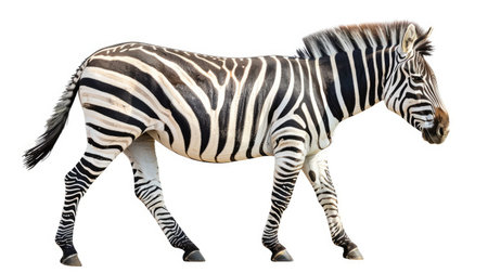 Graceful zebra isolated on a white background, its striking black and white markings adding drama and sophistication to the sceneの素材
