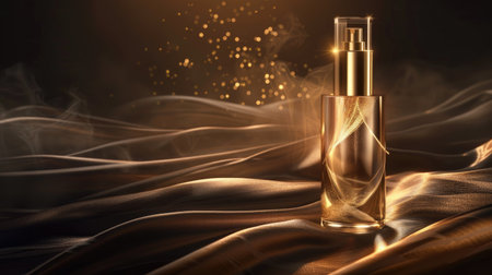 Opulent cosmetic product presentation with a golden translucent bottle and satin elements, radiating luxury on a dark backgroundの素材