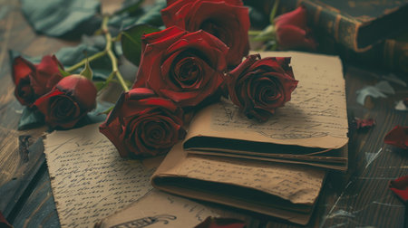 Timeless love: A novel, roses, and vintage love letters artfully arranged, reflecting on romance from the pastの素材
