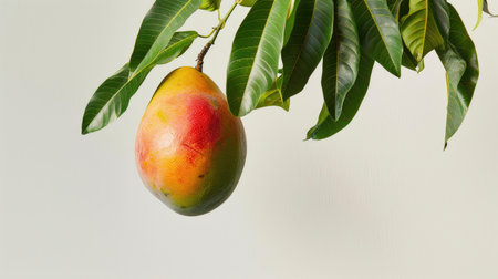 Ripe mango levitating elegantly with lush green foliage against a clean white background, capturing the essence of tropical paradiseの素材