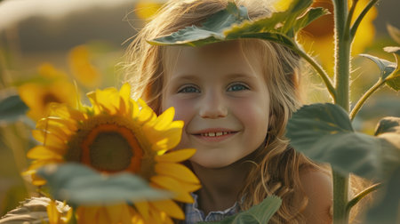 Child girl with a mischievous smile, playing hide-and-seek behind a sunflower in a blooming field, showcasing the joy of discovery in nature's embraceの素材