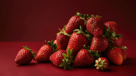 Fresh strawberries showcased against a deep maroon background, enhancing their vivid color and delicious allureの素材