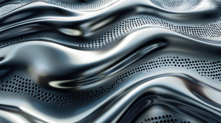 Elegant 3D rendering of liquid chrome waves against a textured metal background, capturing innovation and sophistication.の素材