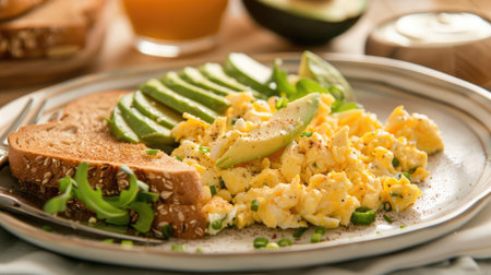 Freshly prepared breakfast of scrambled eggs, whole wheat toast, and a side of sliced avocado, highlighting a healthy choiceの素材
