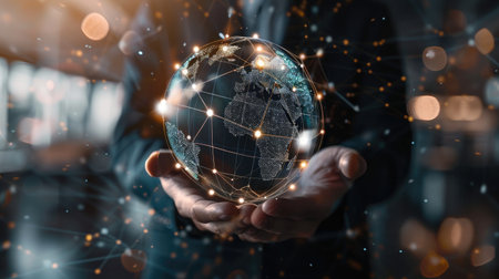 Businessman demonstrating global network and data exchanges, emphasizing the interconnected nature of modern business and digital communicationの素材