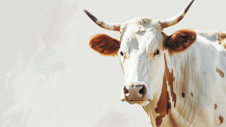 Stunning white-brown cow standing tall against a pure white background, radiating rural charm and serene eleganceの素材