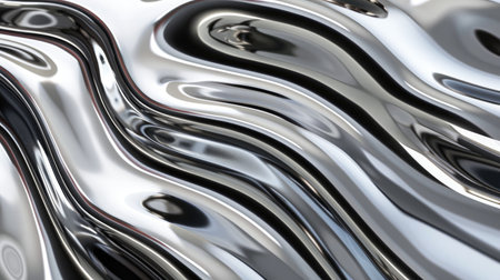 Smooth and reflective liquid chrome waves with a glossy metal pattern, capturing innovation and sophistication.の素材
