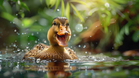 Cheerful quack: A duck with a wide, happy smile, surrounded by lush greenery and sparkling waterの素材