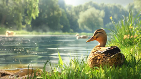 Joyful waterfowl: A duck smiling contentedly, basking in the sun by a tranquil lake, with a peaceful nature sceneの素材