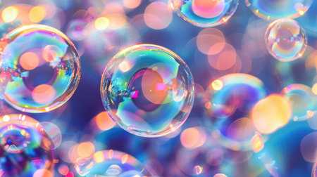 Abstract light: Colorful soap bubbles illuminated by soft light, creating a mesmerizing background of vibrant reflections and patternsの素材
