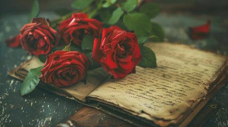 Vintage romance: A collection of roses, vintage love letters, and an old novel, reflecting on the enduring nature of loveの素材