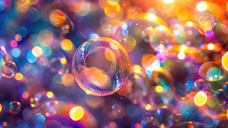 Radiant reflections: Soap bubbles with light shining through them, creating an abstract, colorful background full of luminous patternsの素材