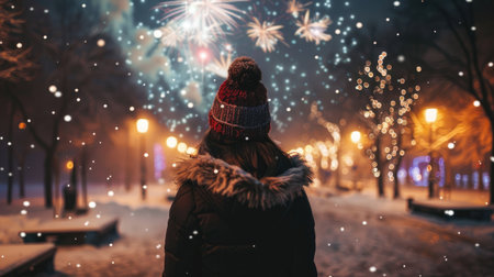 Woman in a snowy park, mesmerized by a spectacular New Year fireworks show, captured from behind, showcasing the festive and magical atmosphereの素材