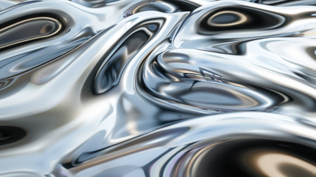 Dynamic 3D rendering of silky chrome waves with a glossy metal texture, ideal for modern digital artworks.の素材
